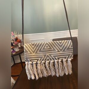 Boho Fringe Clutch - Gray + White